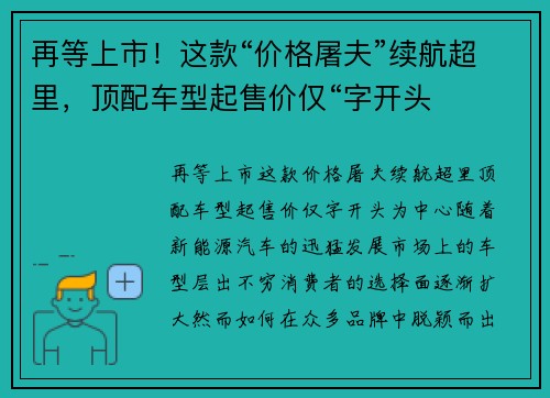 再等上市！这款“价格屠夫”续航超里，顶配车型起售价仅“字开头
