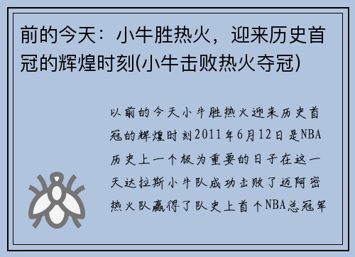 前的今天：小牛胜热火，迎来历史首冠的辉煌时刻(小牛击败热火夺冠)