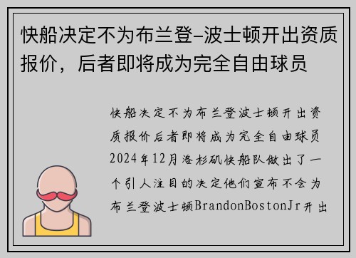 快船决定不为布兰登-波士顿开出资质报价，后者即将成为完全自由球员