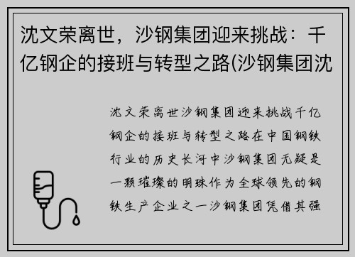 沈文荣离世，沙钢集团迎来挑战：千亿钢企的接班与转型之路(沙钢集团沈文兰)
