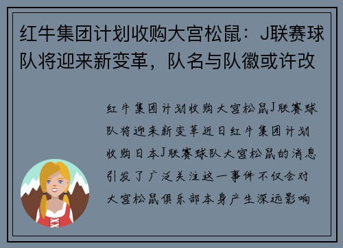 红牛集团计划收购大宫松鼠：J联赛球队将迎来新变革，队名与队徽或许改动