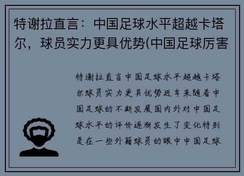 特谢拉直言：中国足球水平超越卡塔尔，球员实力更具优势(中国足球厉害)
